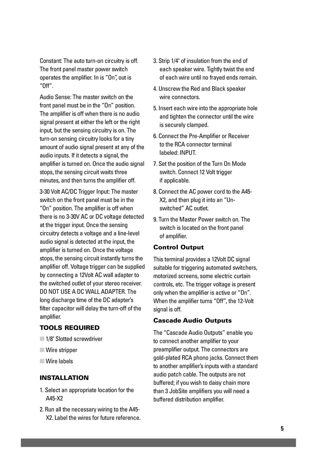 JobSite Systems A45-X2 manual Tools Required, Control Output, Cascade Audio Outputs 