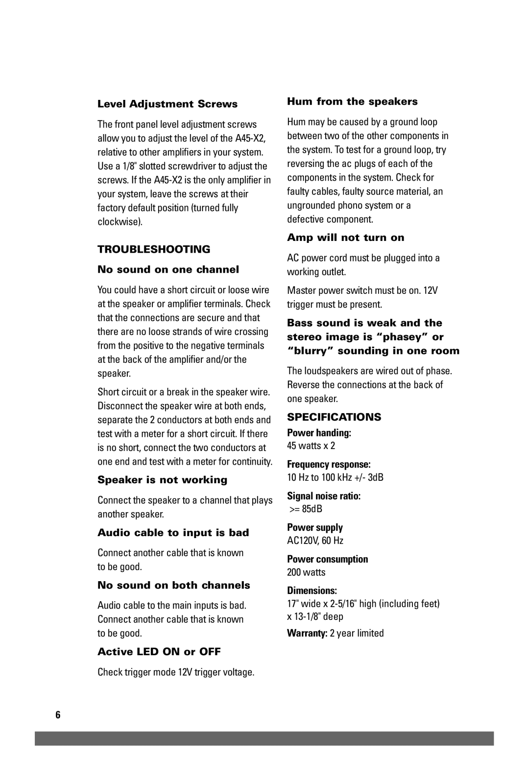 JobSite Systems A45-X2 manual Troubleshooting, Specifications 