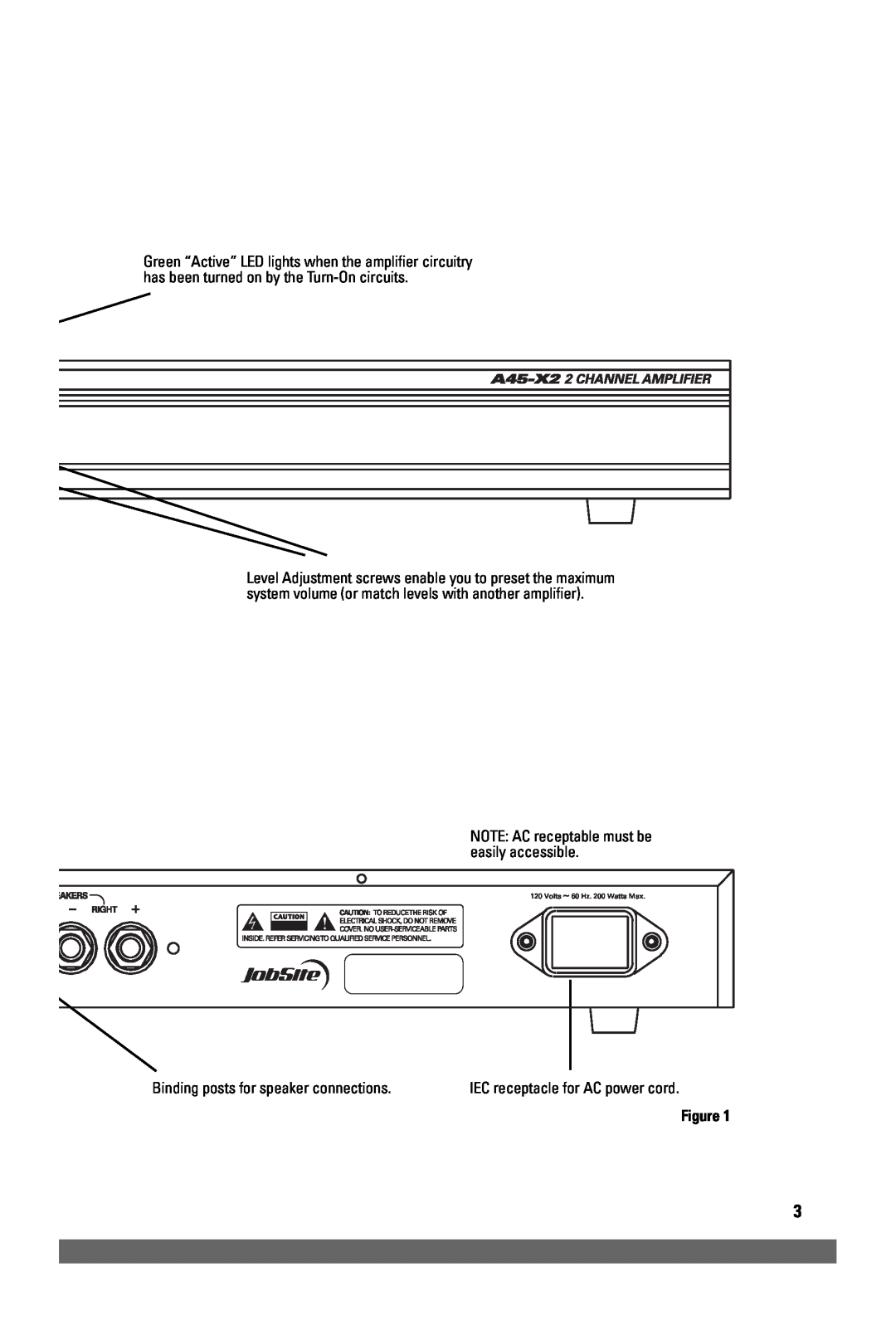 JobSite Systems A45-X2 manual NOTE AC receptable must be easily accessible, Binding posts for speaker connections 