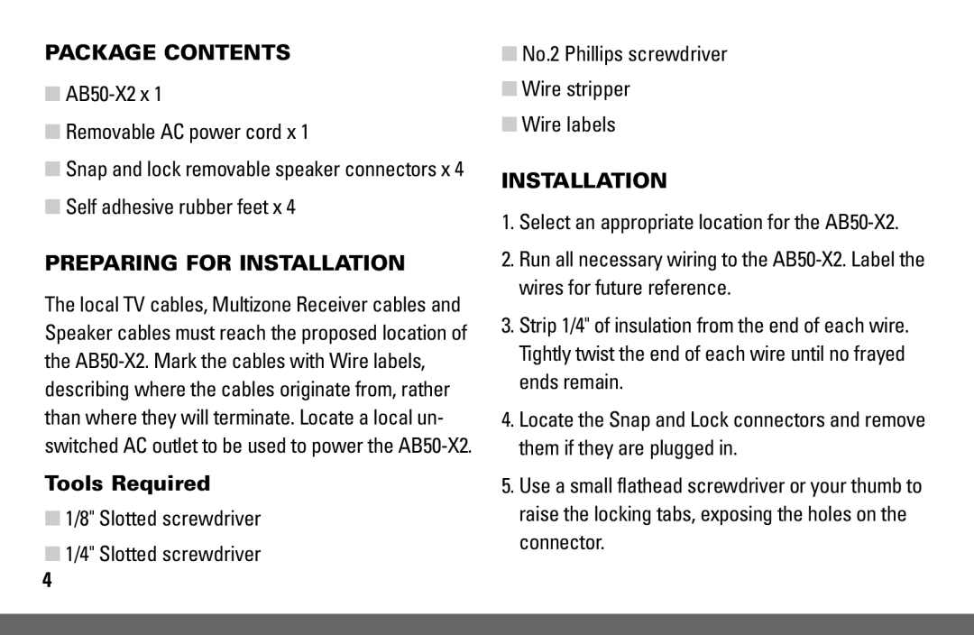 JobSite Systems AB50-X2 manual Package Contents, Preparing for Installation 