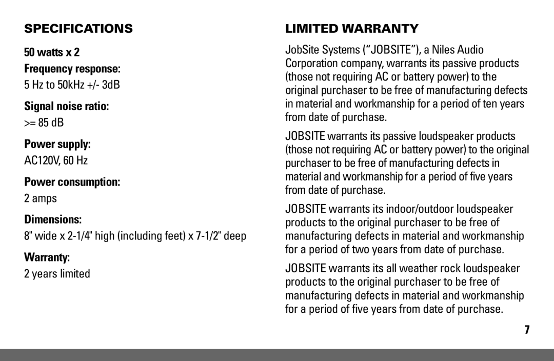 JobSite Systems AB50-X2 manual Specifications, Limited Warranty 