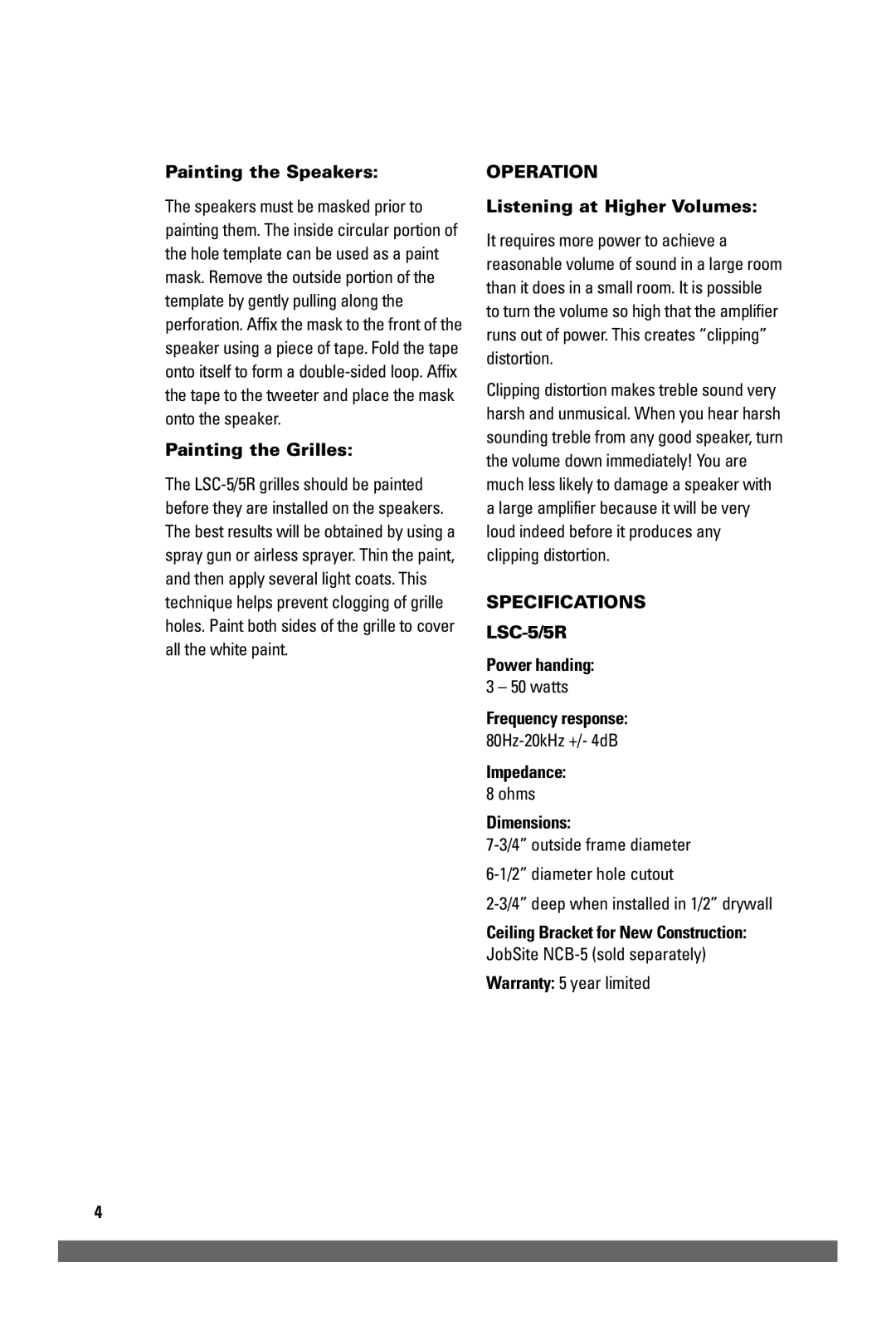 JobSite Systems LSC-5/5R manual Operation, Specifications 