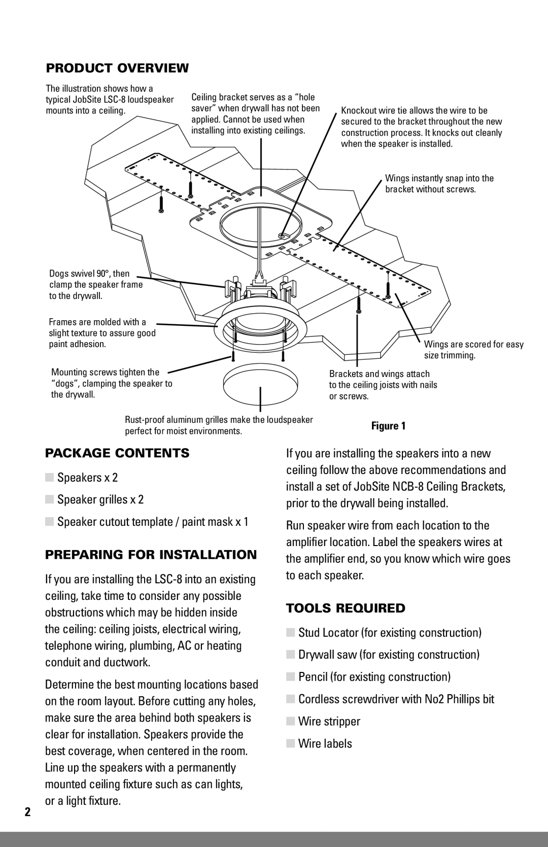 JobSite Systems LSC-8 manual Product Overview, Package Contents, Preparing for Installation, Tools Required 