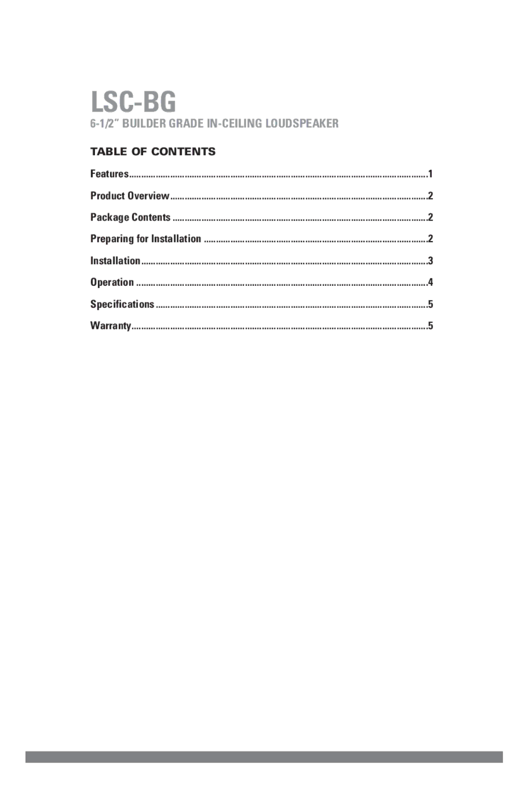 JobSite Systems LSC-BG manual Lsc-Bg, Table of Contents 