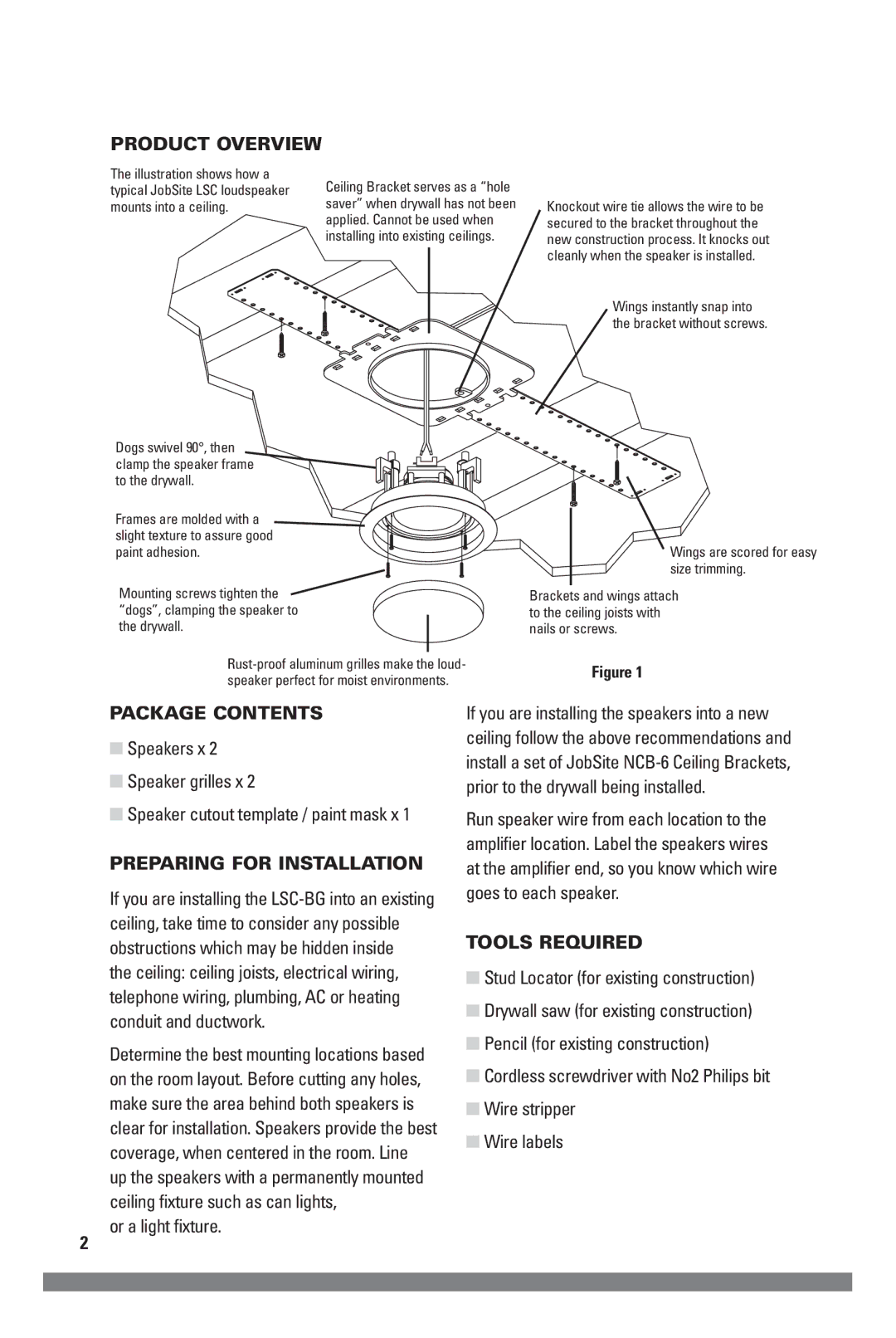 JobSite Systems LSC-BG Product Overview, Package Contents, Preparing for Installation, Or a light fixture, Tools Required 