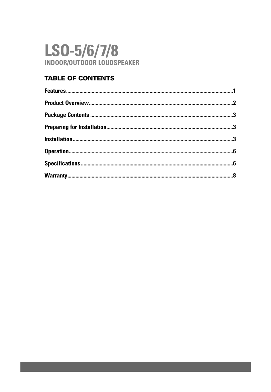 JobSite Systems LSO-5, LSO-6, LSO-7, LSO-8 manual LSO-5/6/7/8, Table of Contents 