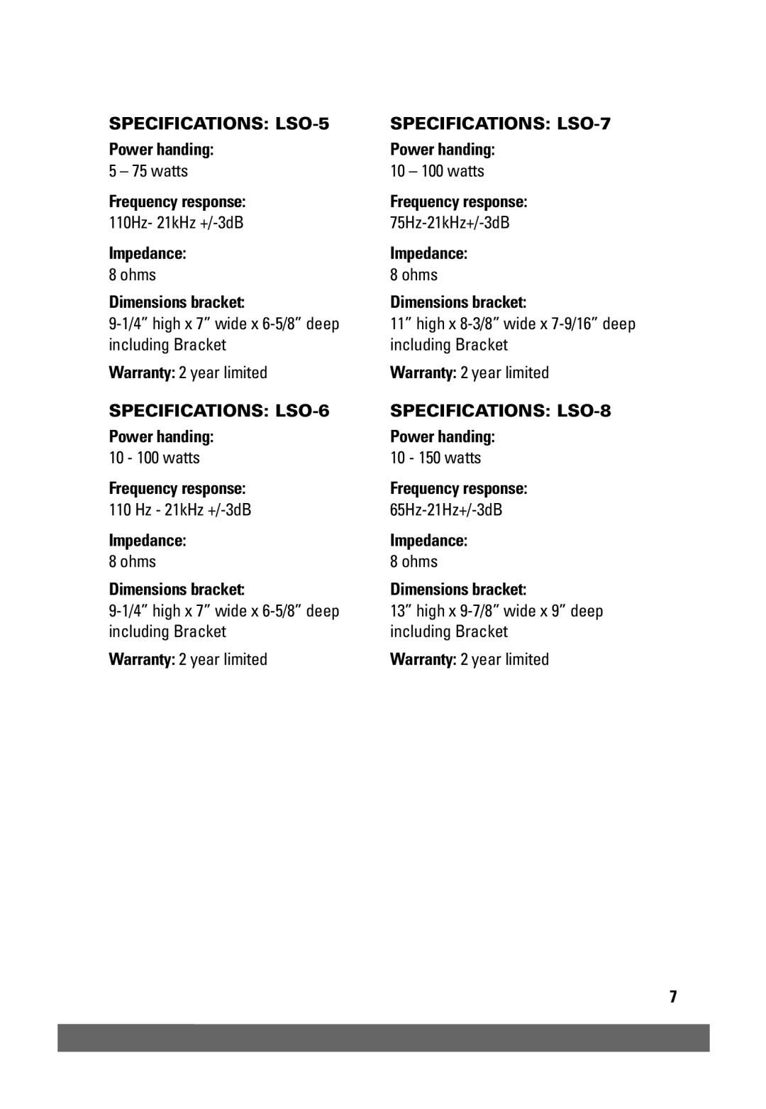 JobSite Systems manual Specifications LSO-5, Specifications LSO-6, Specifications LSO-7, Specifications LSO-8 