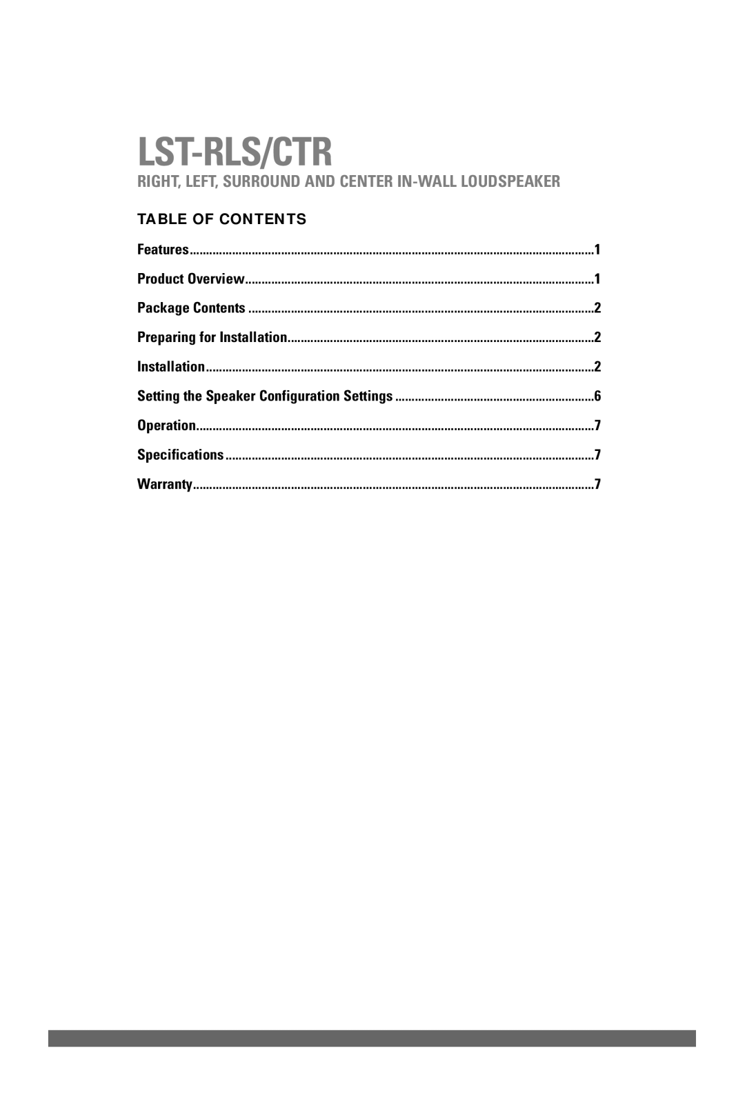 JobSite Systems LST-RLS, LST-CTR manual Lst-Rls/Ctr, Table of Contents 