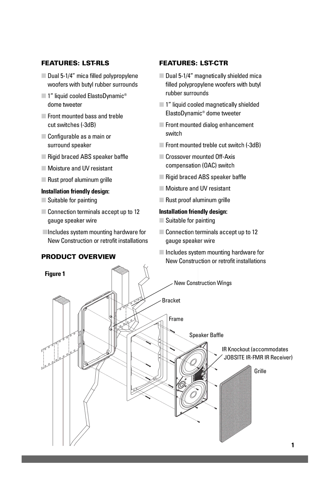 JobSite Systems LST-CTR Features LST-RLS, Front mounted bass and treble cut switches -3dB, Installation friendly design 