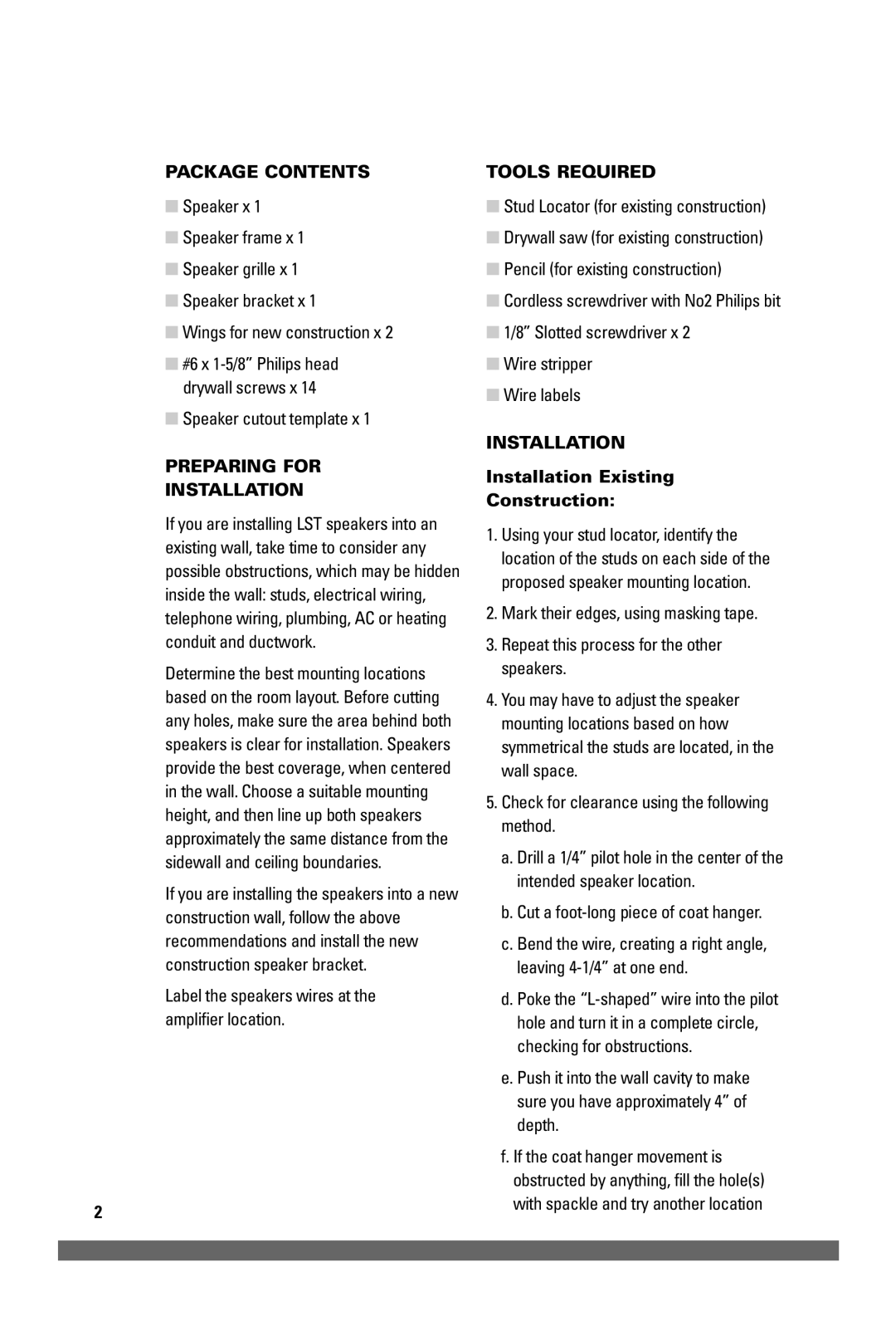 JobSite Systems LST-RLS, LST-CTR manual Package Contents, Preparing for Installation, Tools Required 