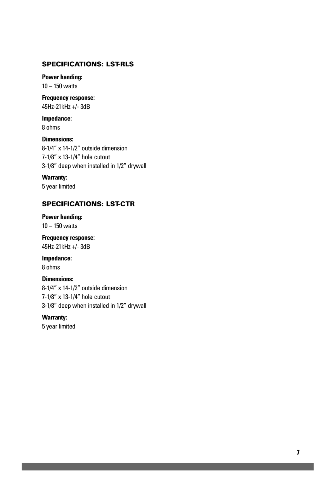 JobSite Systems manual Specifications LST-RLS, Specifications LST-CTR 