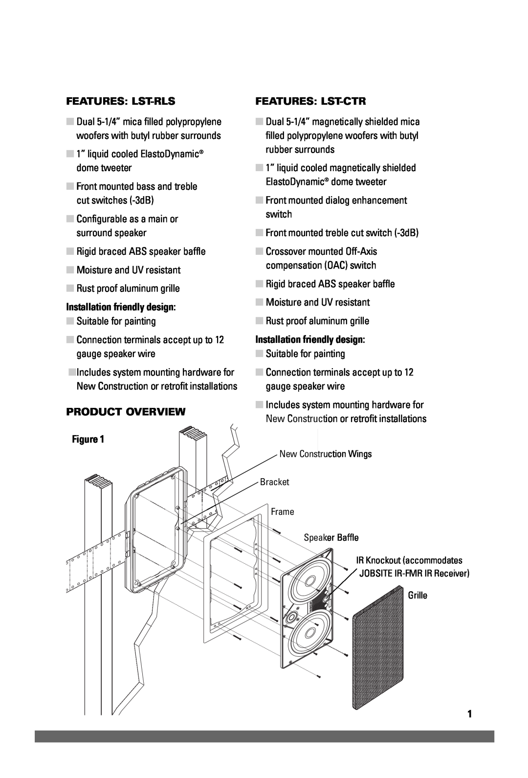 JobSite Systems LST-CTR, LST-RLS Features Lst-Rls, Installation friendly design, PRODUCT OVERVIEW Figure, Features Lst-Ctr 