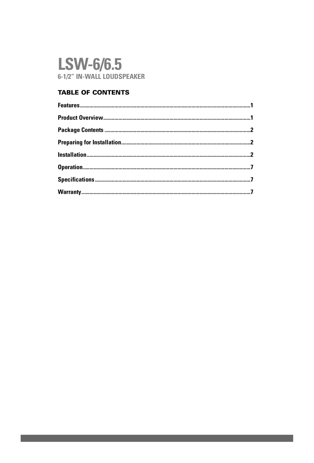 JobSite Systems LSW-6.5 manual LSW-6/6.5, Table of Contents 