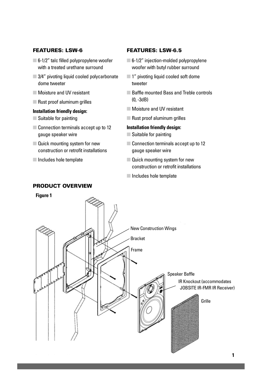 JobSite Systems manual Installation friendly design, Includes hole template, Features LSW-6.5, Product Overview 