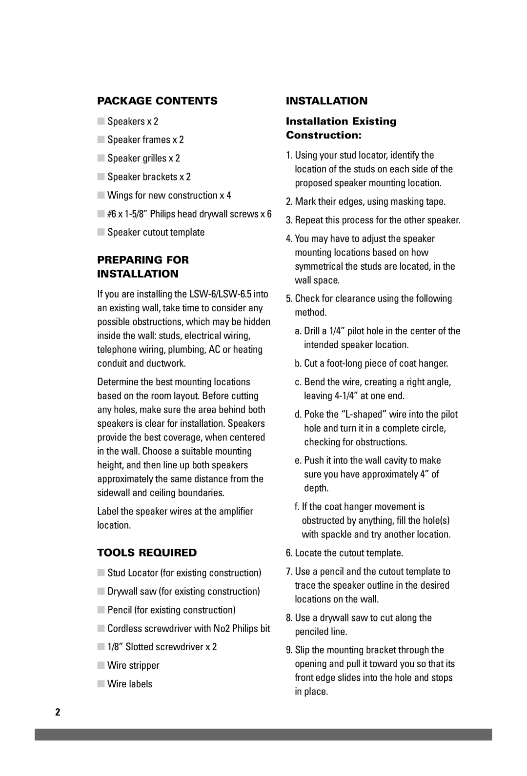 JobSite Systems LSW-6.5 manual Package Contents, Preparing for Installation, Tools Required 