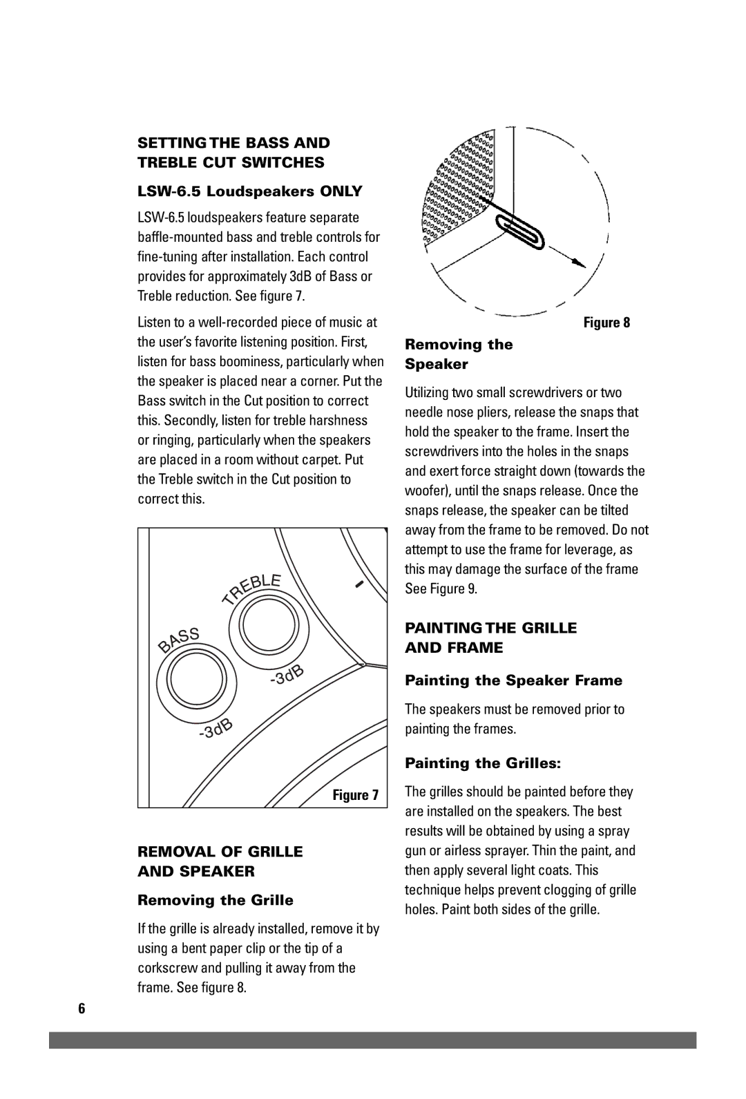 JobSite Systems LSW-6 manual Setting the Bass and Treble CUT Switches, Removal of Grille Speaker, Painting the Grille Frame 