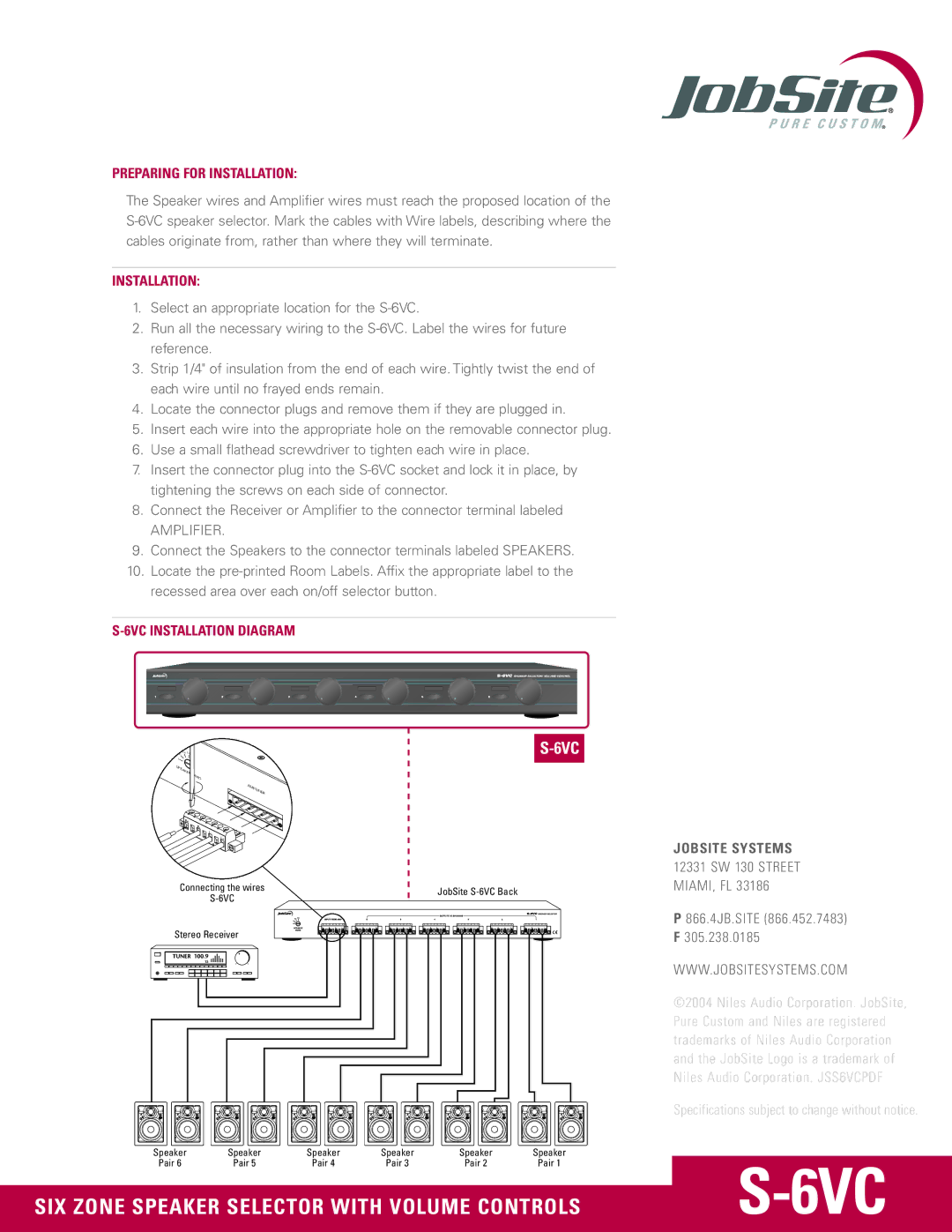 JobSite Systems S-6VC manual Preparing for Installation, 6VC Installation Diagram 