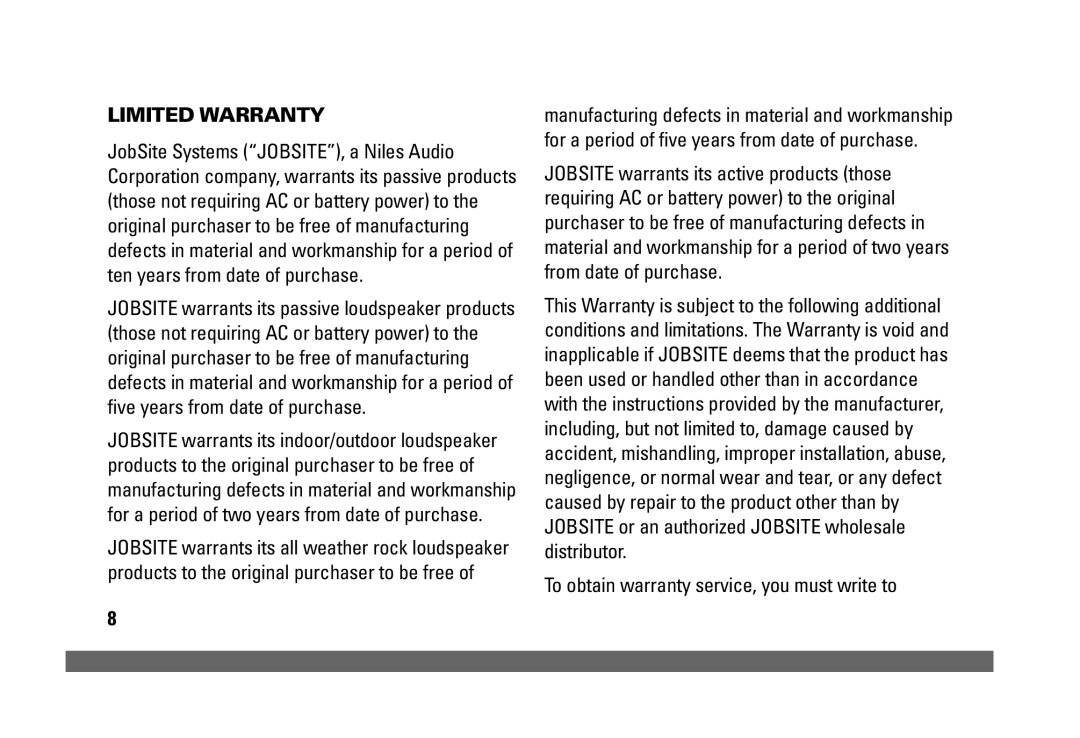 JobSite Systems V-12/AWE manual Limited Warranty, To obtain warranty service, you must write to 