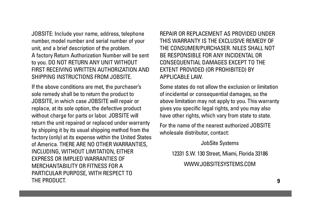 JobSite Systems V-12/AWE manual Product 