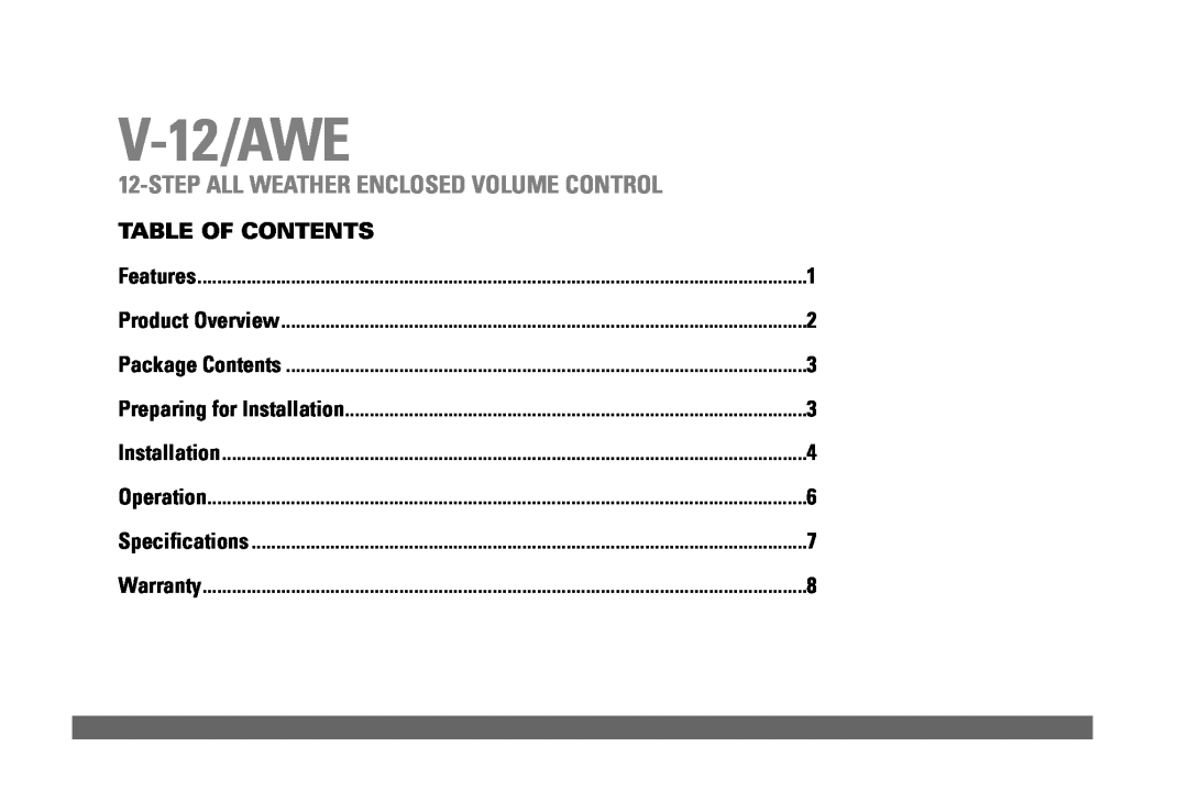 JobSite Systems V-12/AWE Table Of Contents, Stepall Weather Enclosed Volume Control, Features, Product Overview, Operation 