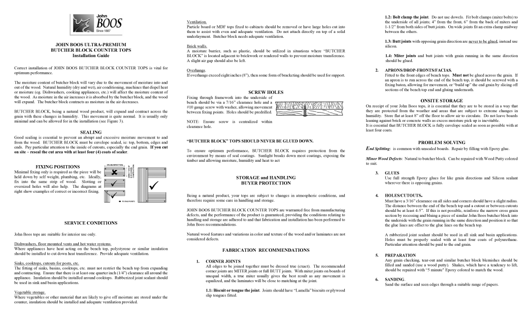 John Boos CU-SB2424-BN manual John Boos ULTRA-PREMIUM Butcher Block Counter Tops, Sealing, Fixing Positions, Screw Holes 