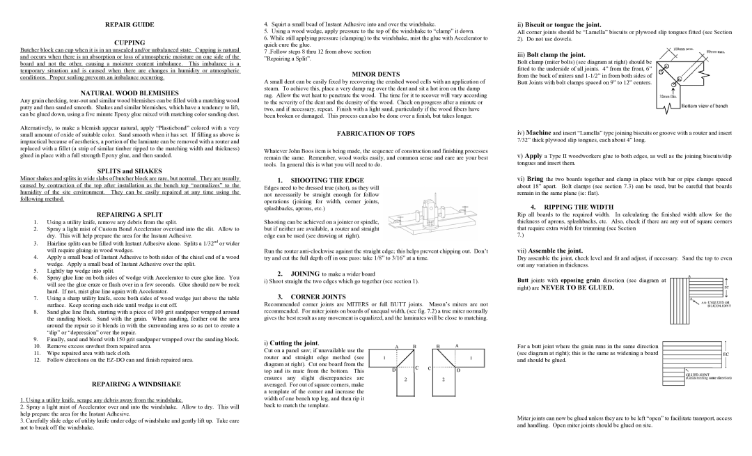 John Boos CU-SB2424-BN Repair Guide Cupping, Natural Wood Blemishes, Repairing a Split, Repairing a Windshake, Minor Dents 