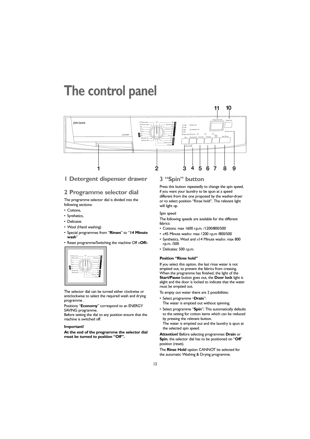 John Lewis 1609 Control panel, Detergent dispenser drawer Programme selector dial, Spin button, Position Rinse hold 