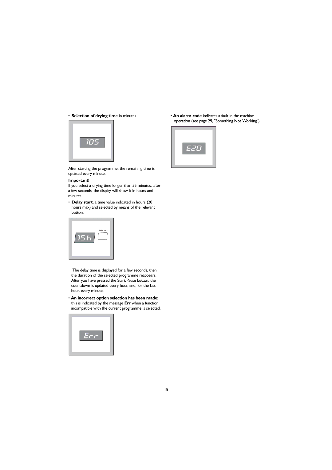 John Lewis 1609 instruction manual 105, Selection of drying time in minutes 