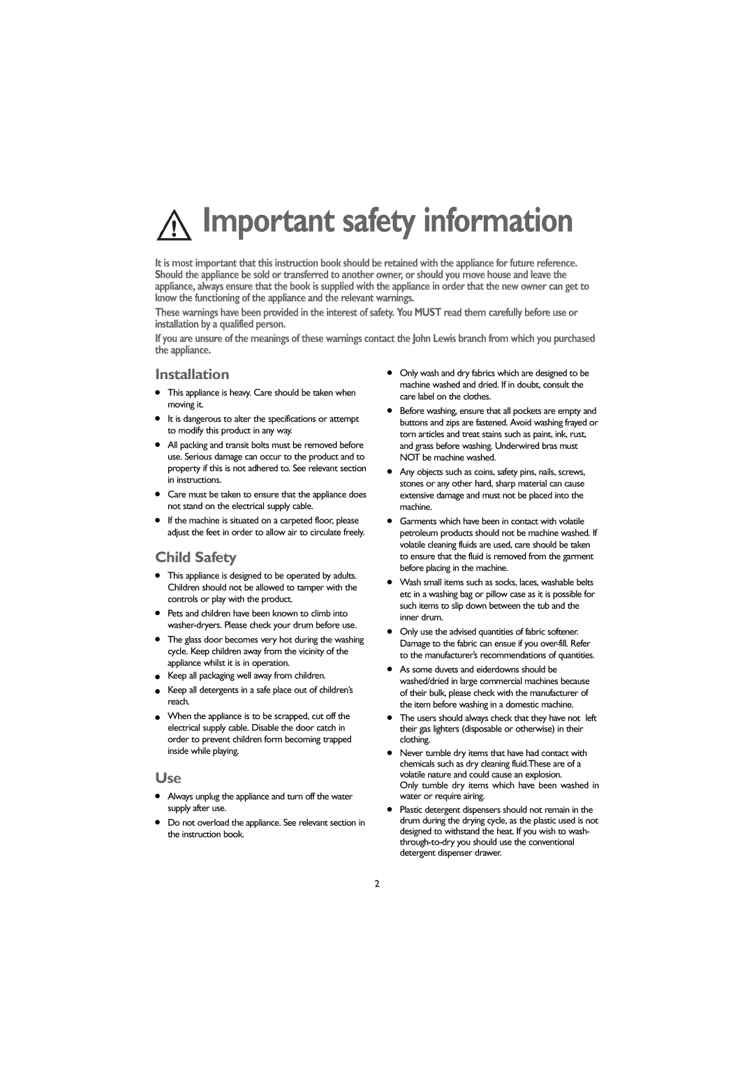 John Lewis 1609 instruction manual Installation, Child Safety, Use 