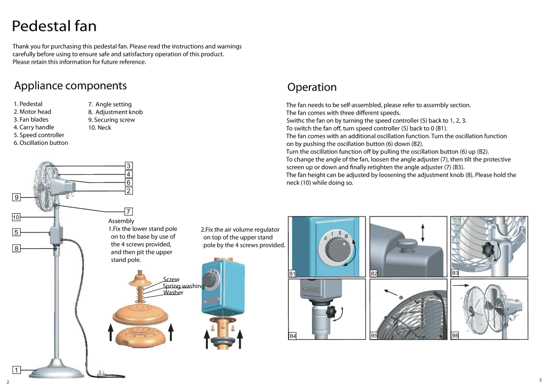 John Lewis 85573602, 85573601 manual Pedestal fan, Appliance components Operation 