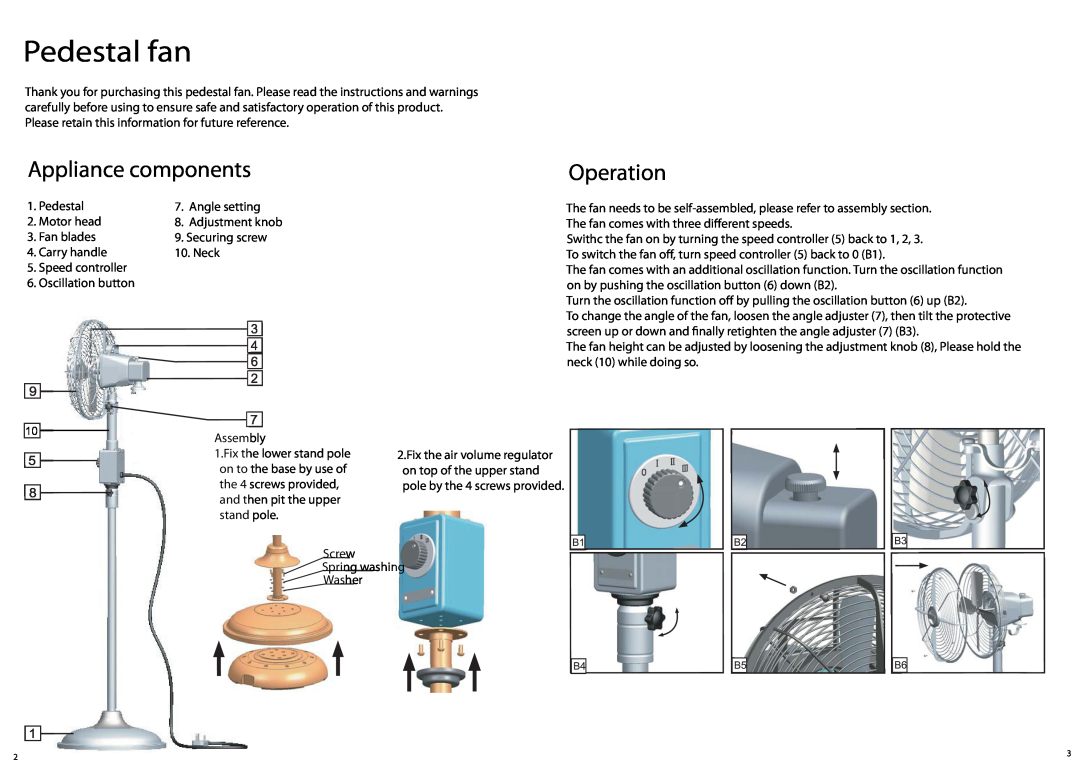John Lewis 85573602, 85573601 manual Pedestal fan, Appliance components, Operation 