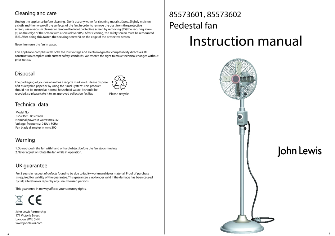 John Lewis 85573601, 85573602 manual Pedestal fan, Cleaning and care, Disposal, Technical data, UK guarantee 