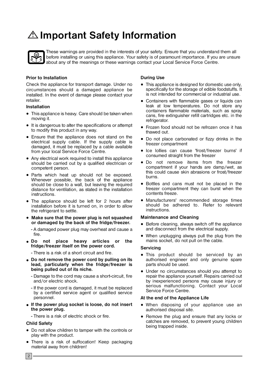 John Lewis CFI 105 installation manual Prior to Installation, Child Safety, Maintenance and Cleaning, Servicing 