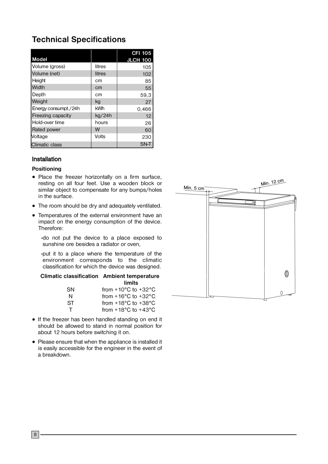 John Lewis CFI 105 installation manual Technical Specifications, Installation, Positioning, Limits 