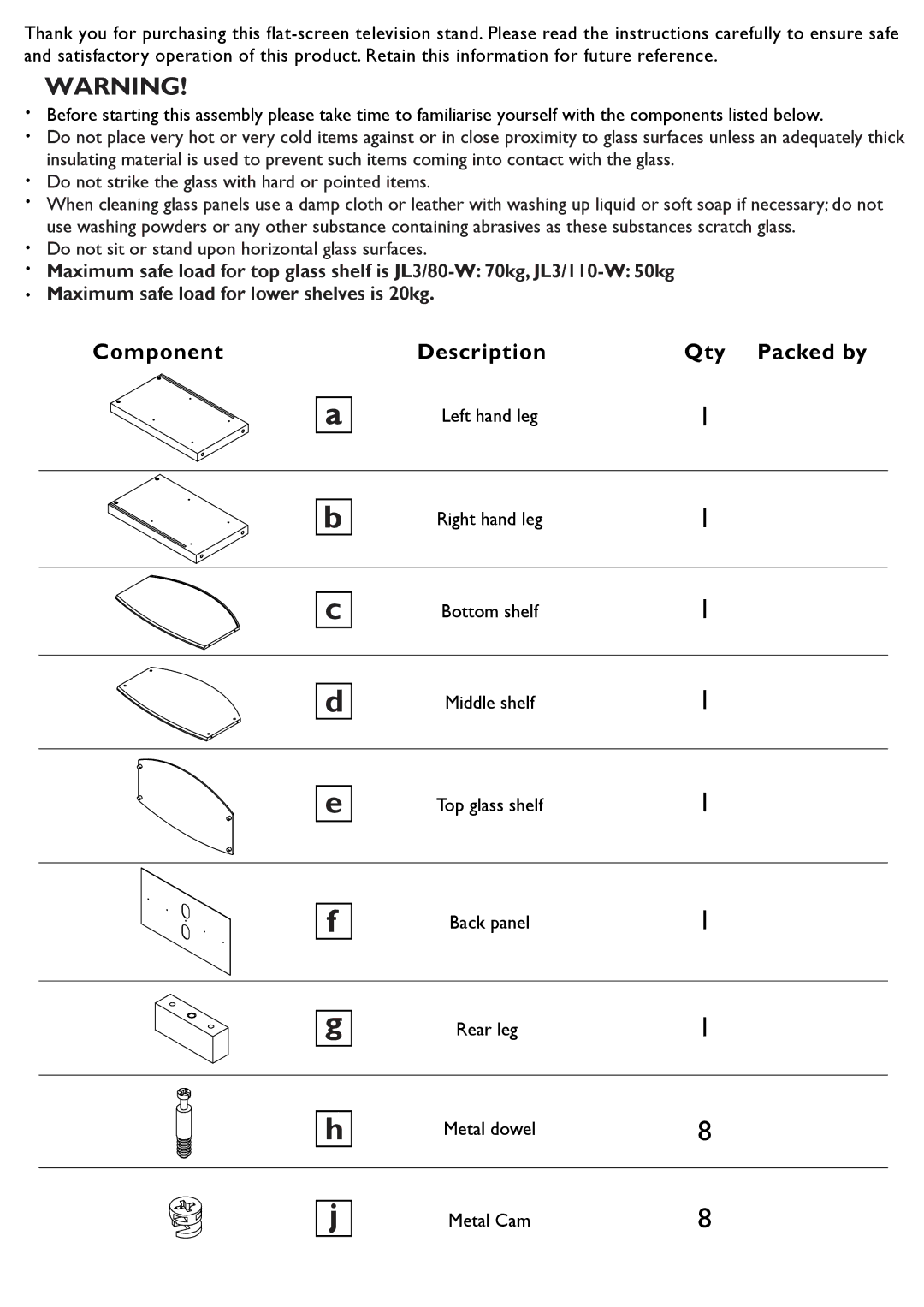 John Lewis JL3/80-W, JL3/110-W instruction manual Component Description Qty Packed by, Left hand leg 