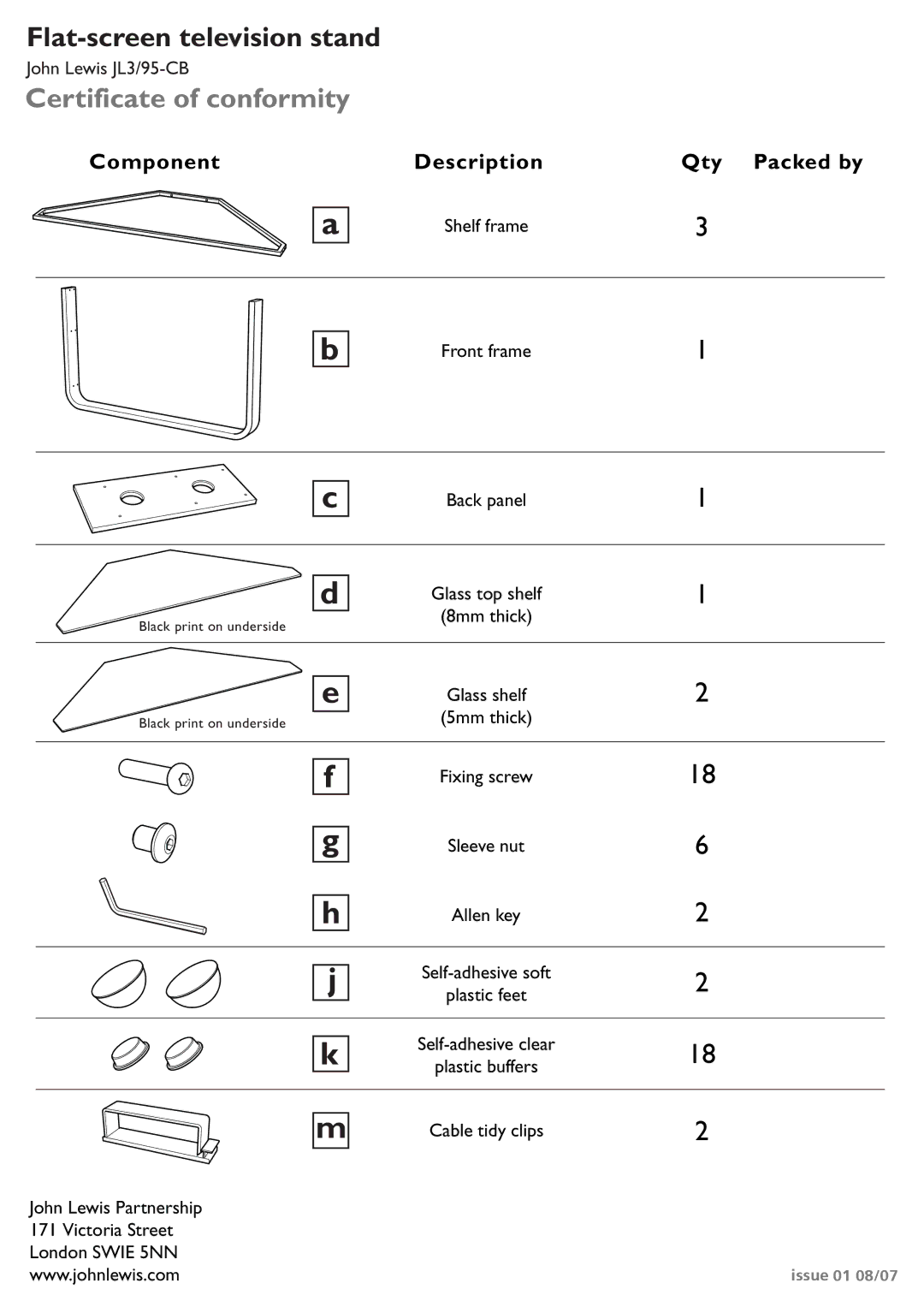 John Lewis JL3/95-CB instruction manual Certificate of conformity, Component Description Qty Packed by 