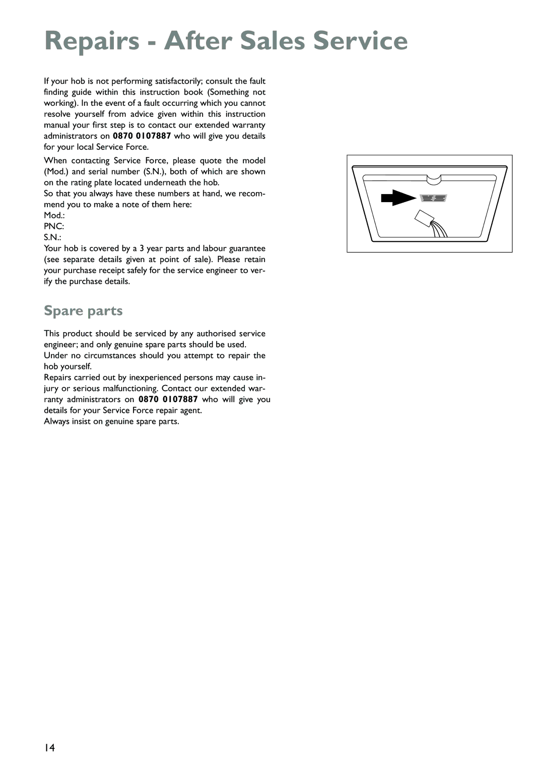 John Lewis JLBICH601 instruction manual Repairs After Sales Service, Spare parts 