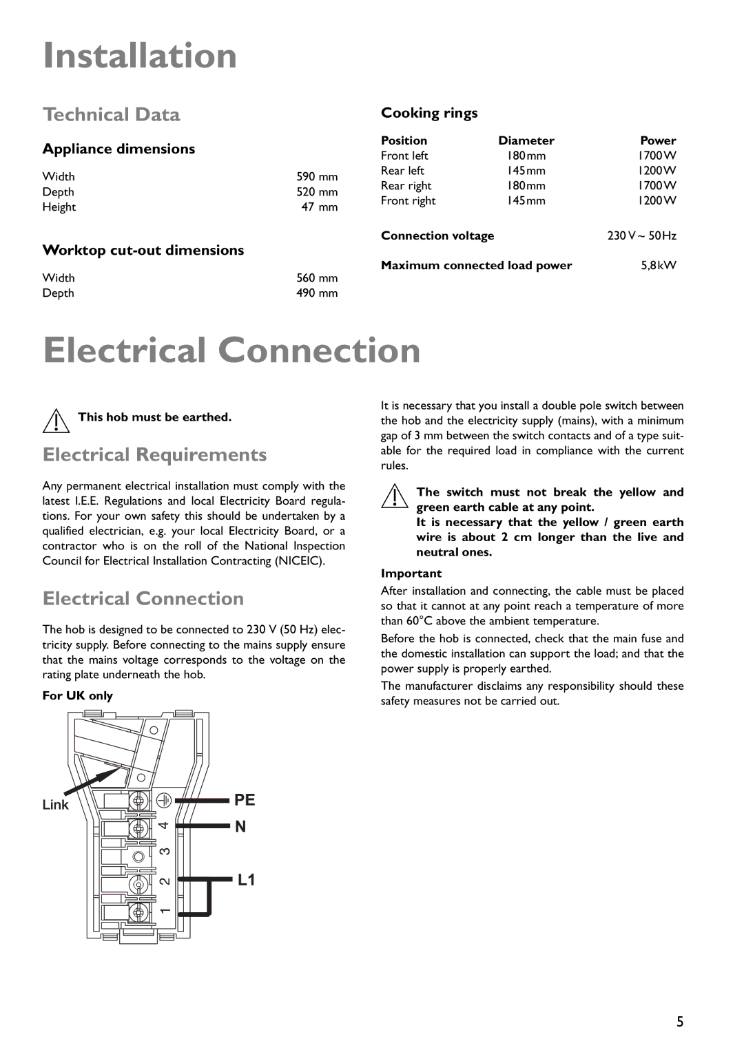 John Lewis JLBICH601 instruction manual Installation, Electrical Connection, Technical Data, Electrical Requirements 