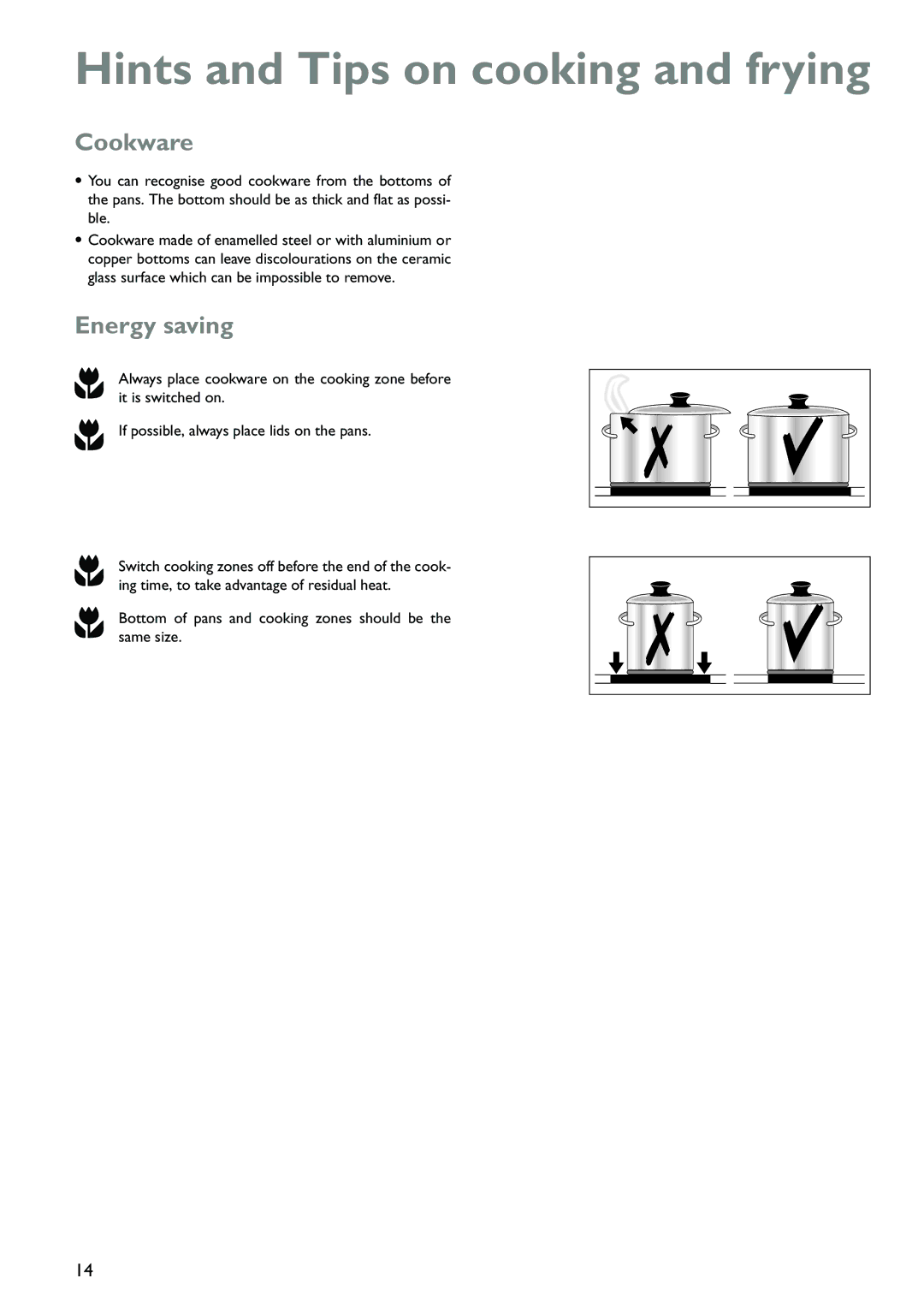 John Lewis JLBICH602 instruction manual Hints and Tips on cooking and frying, Cookware, Energy saving 