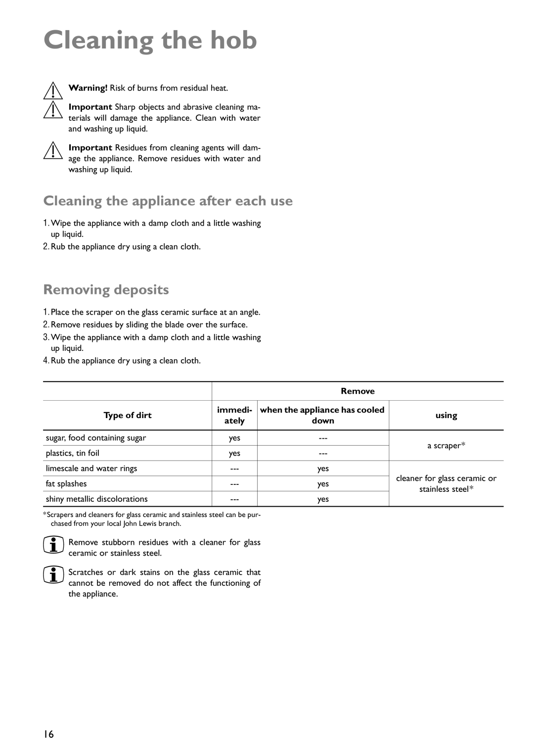 John Lewis JLBICH602 instruction manual Cleaning the hob, Cleaning the appliance after each use, Removing deposits 