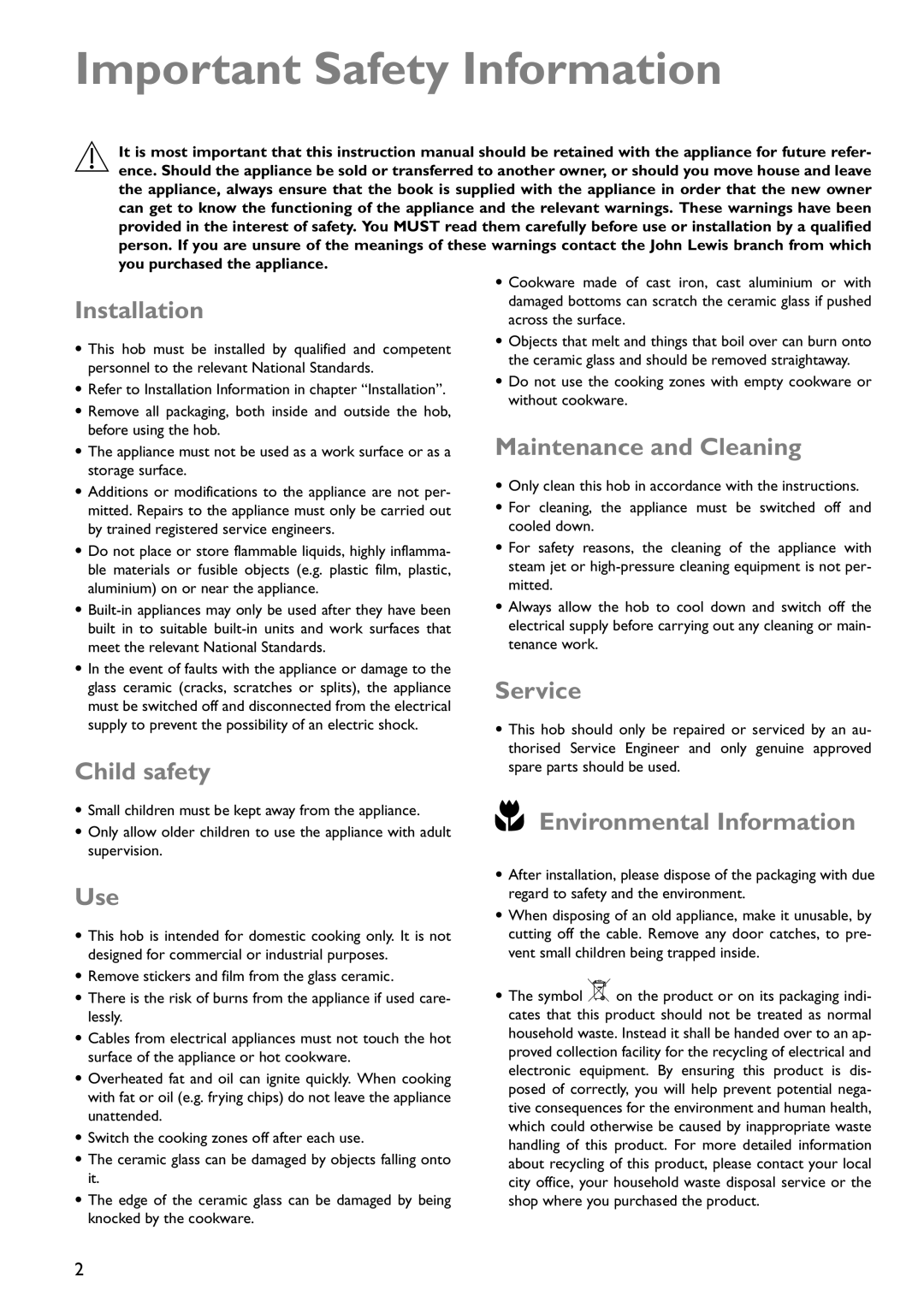 John Lewis JLBICH602 instruction manual Important Safety Information 