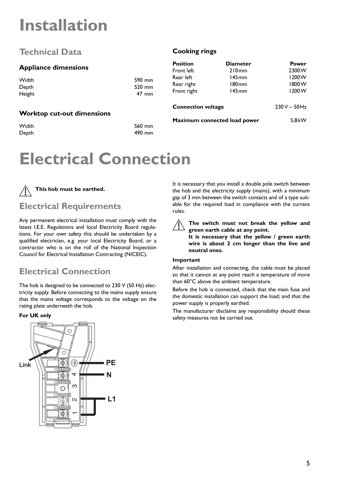 John Lewis JLBICH602 instruction manual Installation, Electrical Connection, Technical Data, Electrical Requirements 