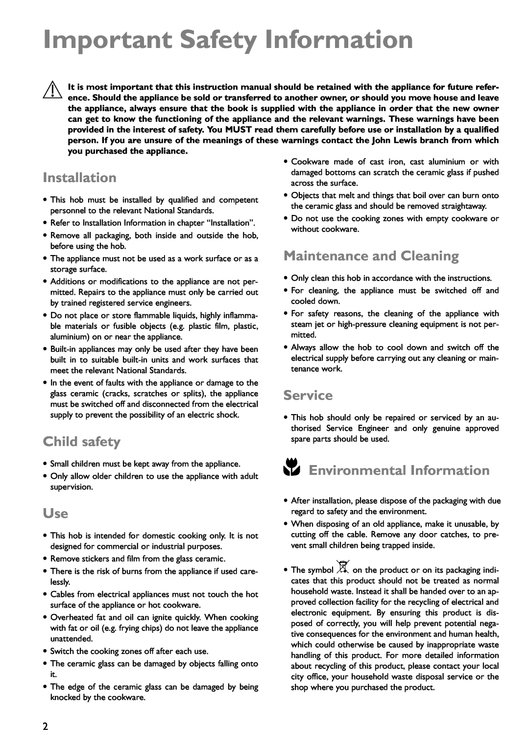 John Lewis JLBICH602 Important Safety Information, Installation, Child safety, Maintenance and Cleaning, Service 