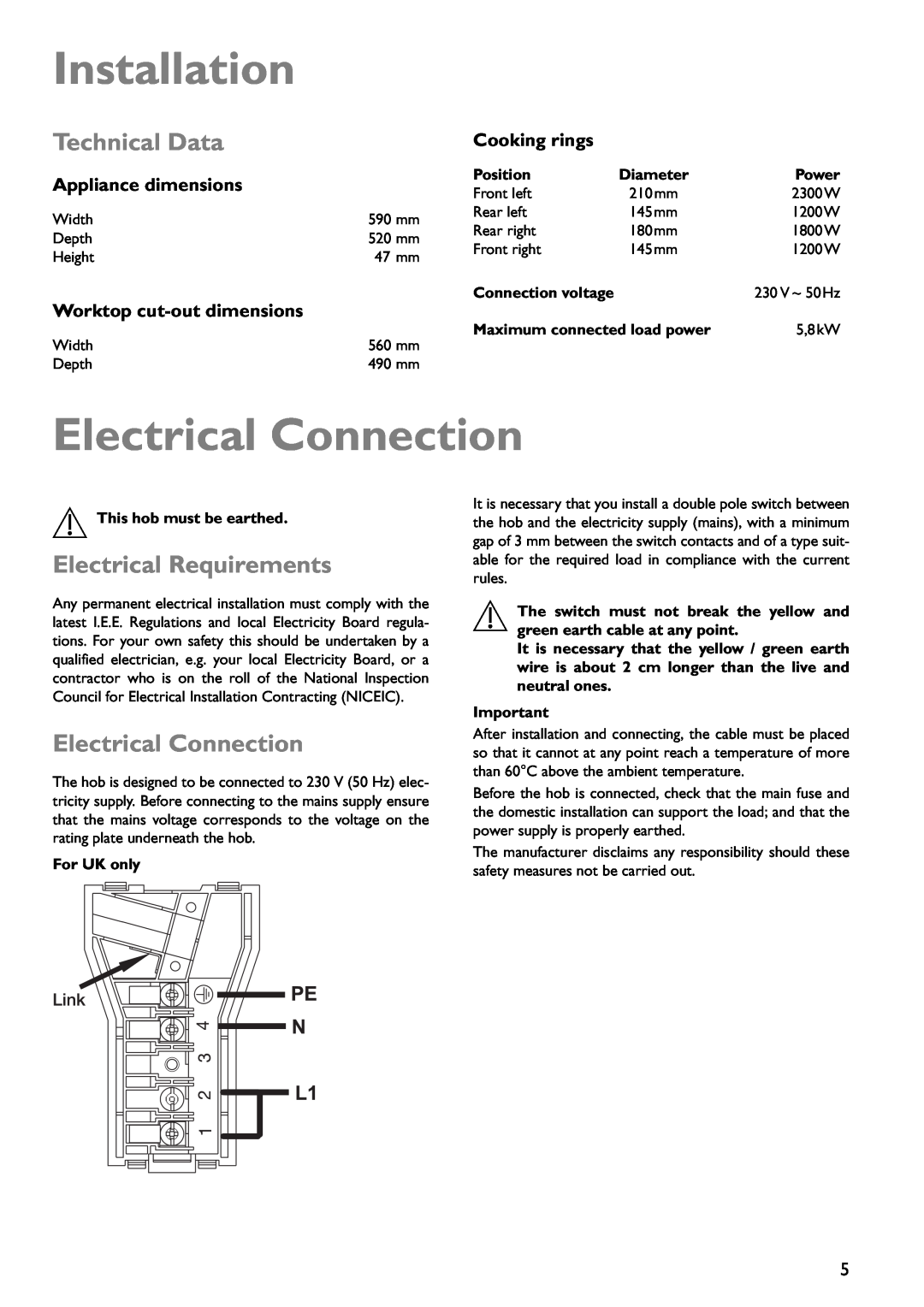John Lewis JLBICH602 Installation, Electrical Connection, Technical Data, Electrical Requirements, Cooking rings, Position 
