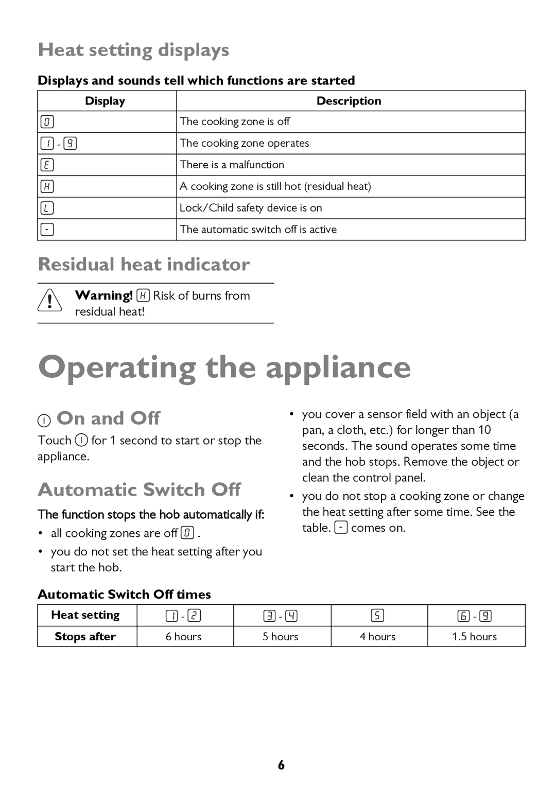 John Lewis JLBICH605 instruction manual Operating the appliance, Heat setting displays, Residual heat indicator, On and Off 