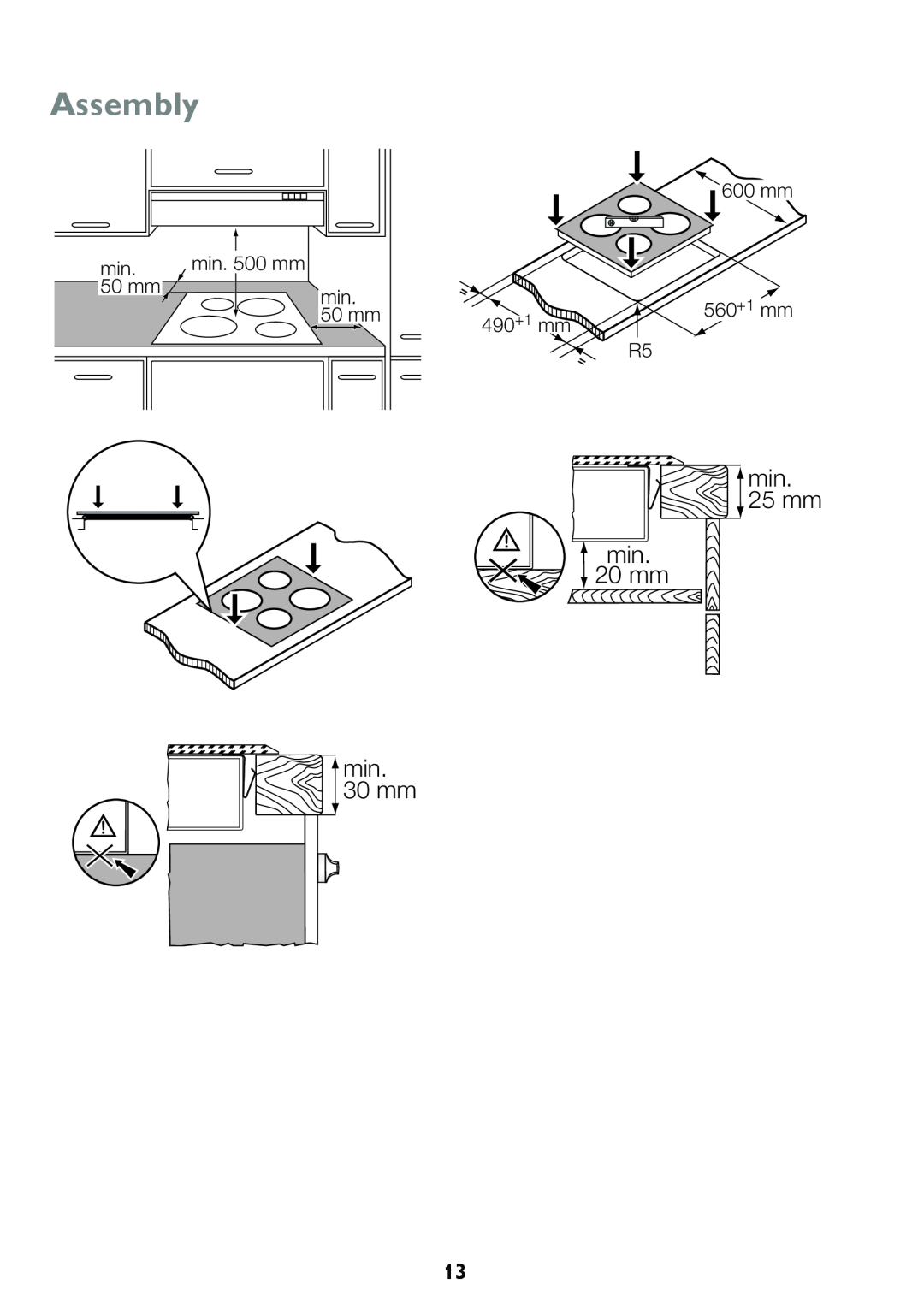 John Lewis JLBICH605 instruction manual Assembly, min. 25 mm min. 20 mm min. 30 mm 