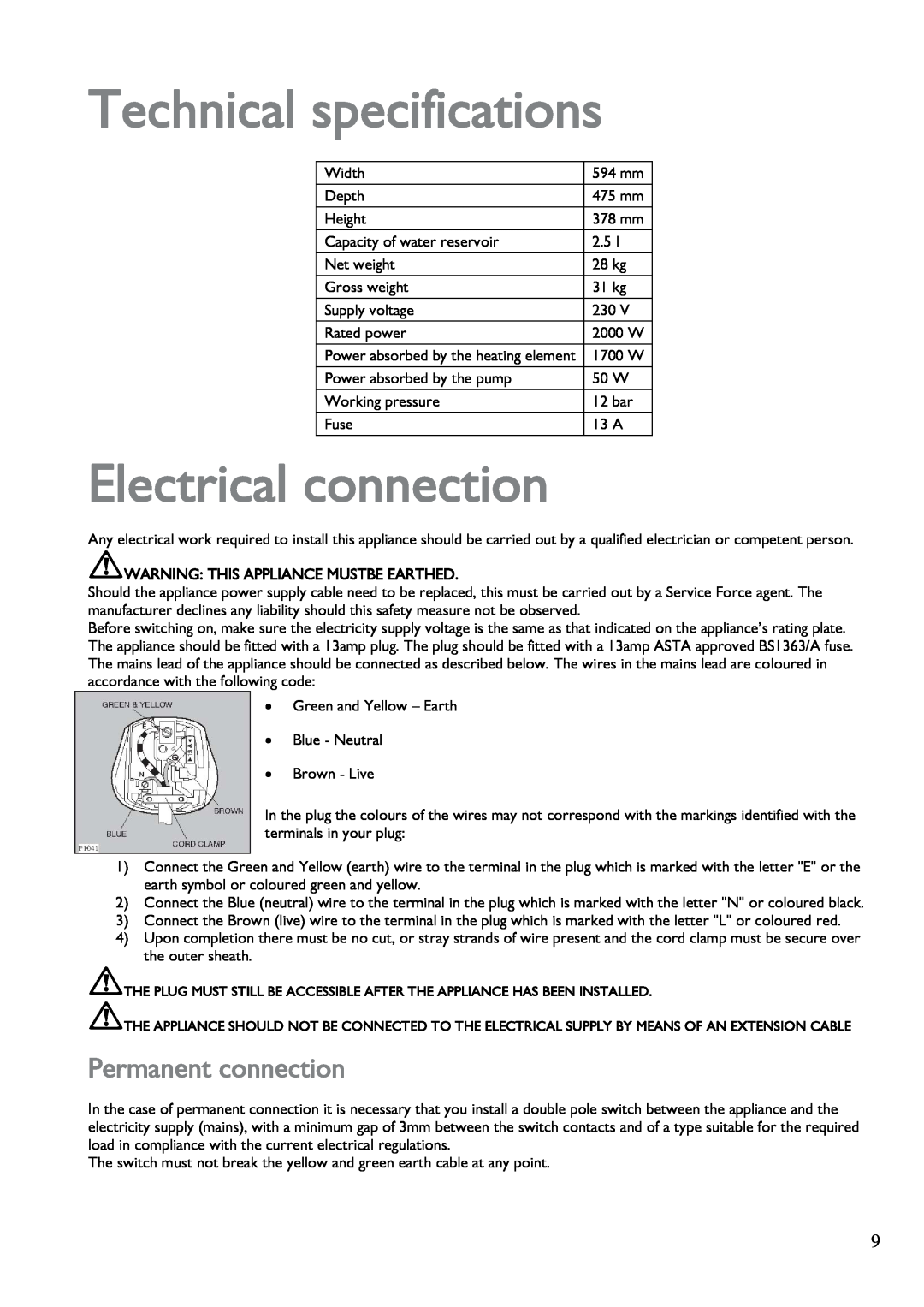 John Lewis JLBICM 01 instruction manual Technical specifications, Electrical connection, Permanent connection 