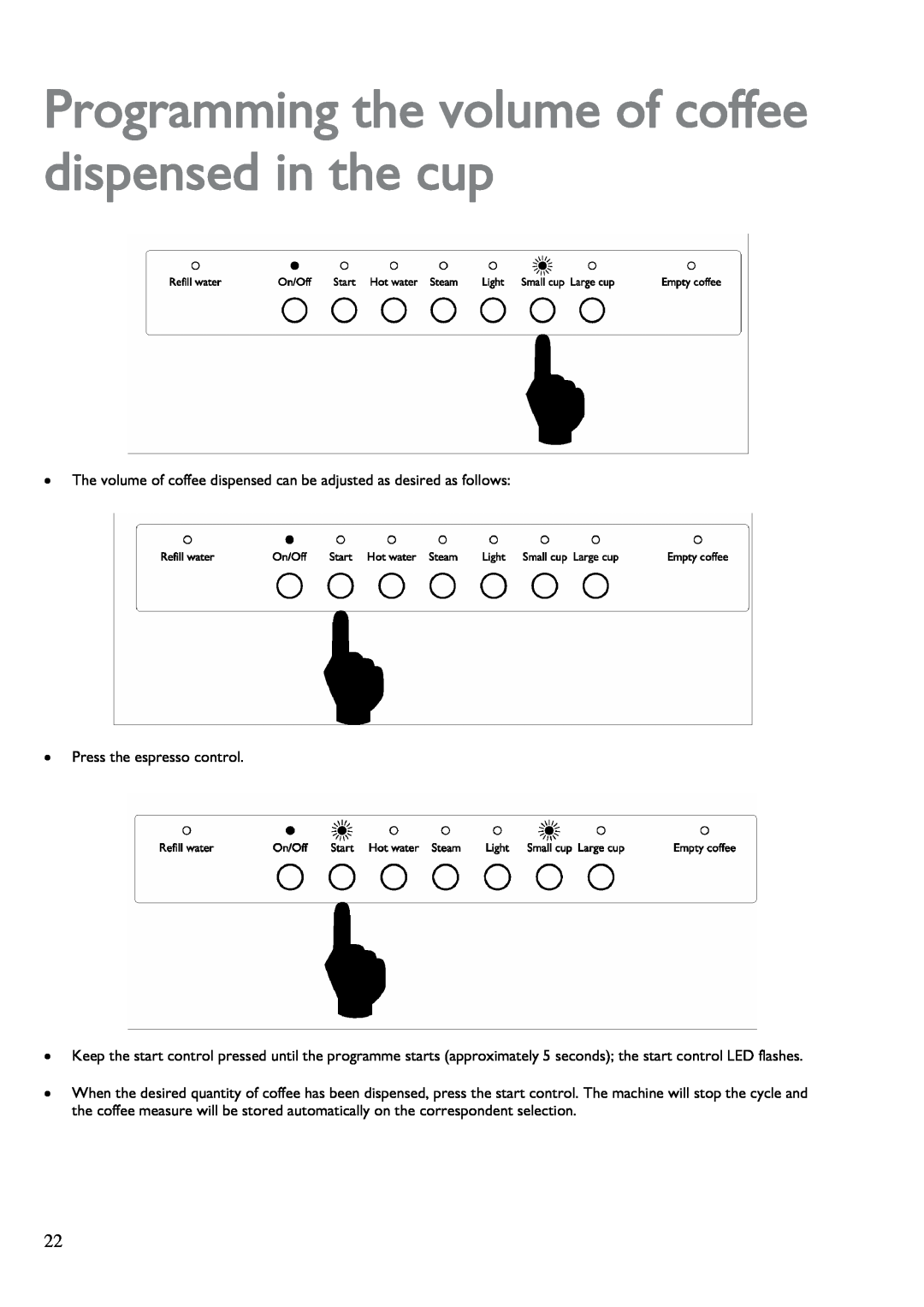 John Lewis JLBICM 01 instruction manual Programming the volume of coffee dispensed in the cup 