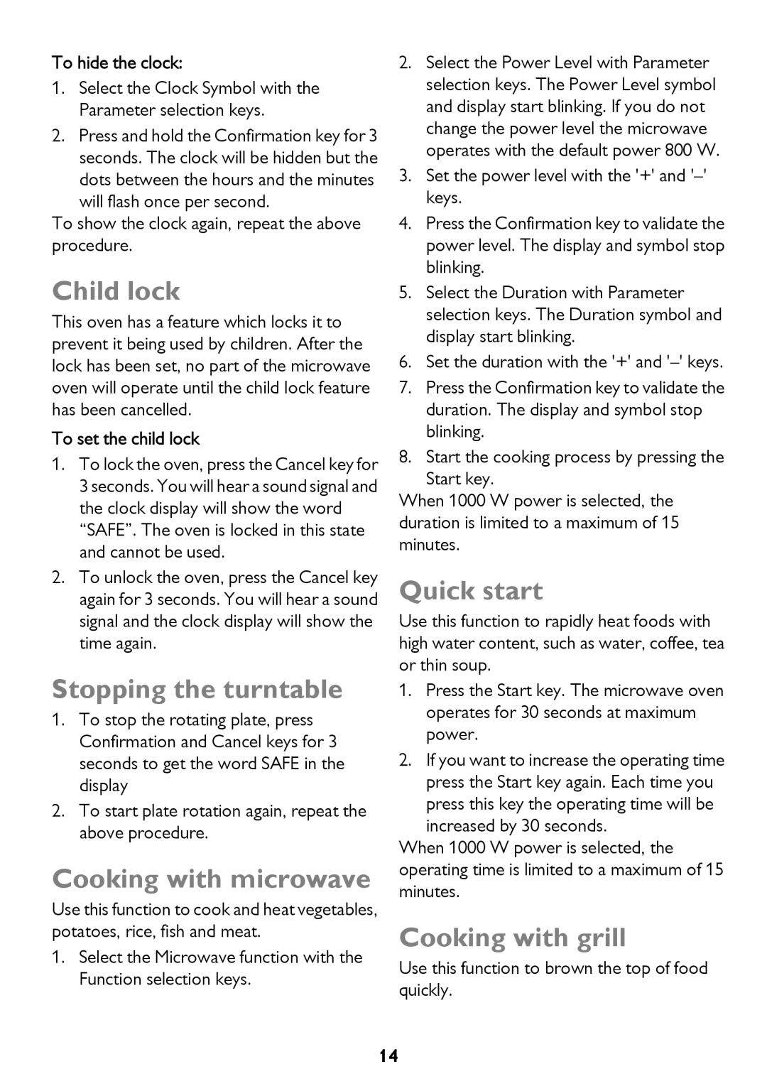 John Lewis JLBICO2 Child lock, Stopping the turntable, Cooking with microwave, Quick start, Cooking with grill 