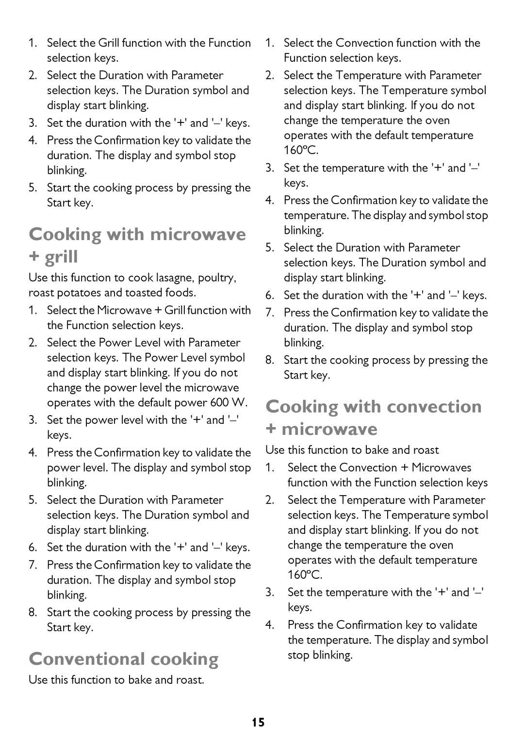 John Lewis JLBICO2 Cooking with microwave + grill, Conventional cooking, Cooking with convection + microwave 